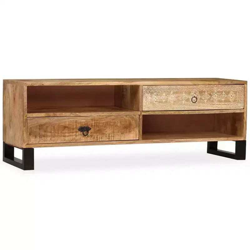 vidaXL Solid Mango Wood TV Stand - Handmade with Steel Legs and Hand-Painted Retro Style - Includes 2 Shelves and 2 Drawers - Brown