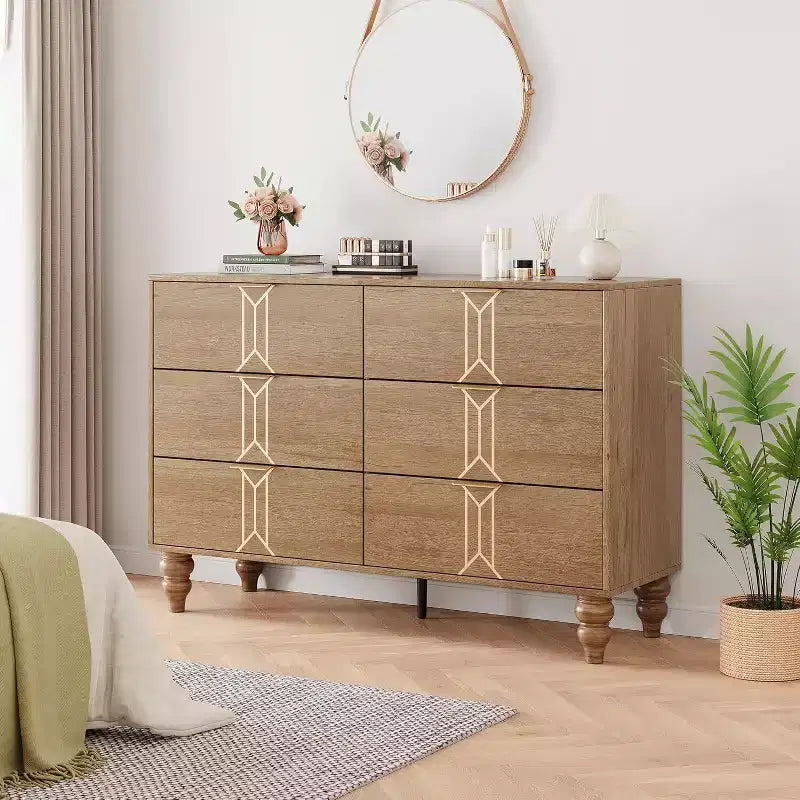 Wooden 6 Drawer Dresser with Vintage Pattern Design, Modern Chest Dresser with Deep Drawers for Bedroom, Living Room, Entryway