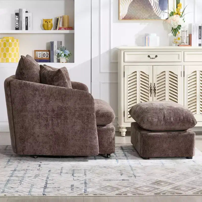 GDFStudio Sidney Modern 46 Chenille Upholstered Swivel Accent Chair with Ottoman and 3 Drawers