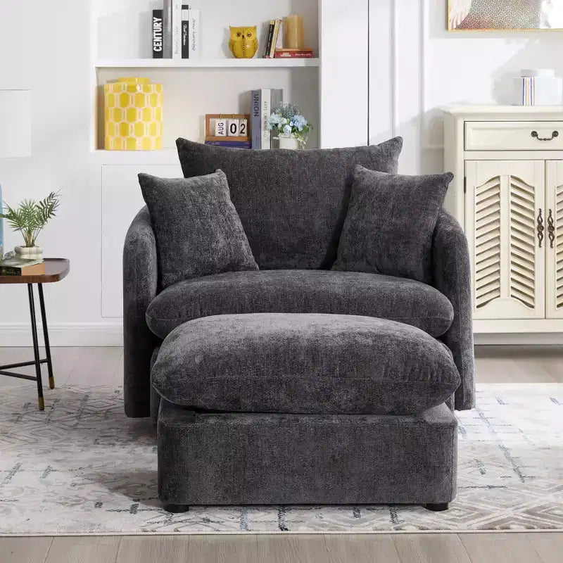 GDFStudio Sidney Modern 46 Chenille Upholstered Swivel Accent Chair with Ottoman and 3 Drawers