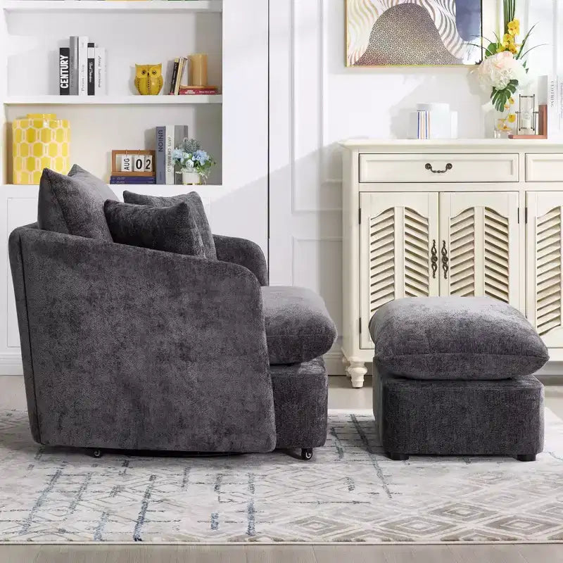 GDFStudio Sidney Modern 46 Chenille Upholstered Swivel Accent Chair with Ottoman and 3 Drawers
