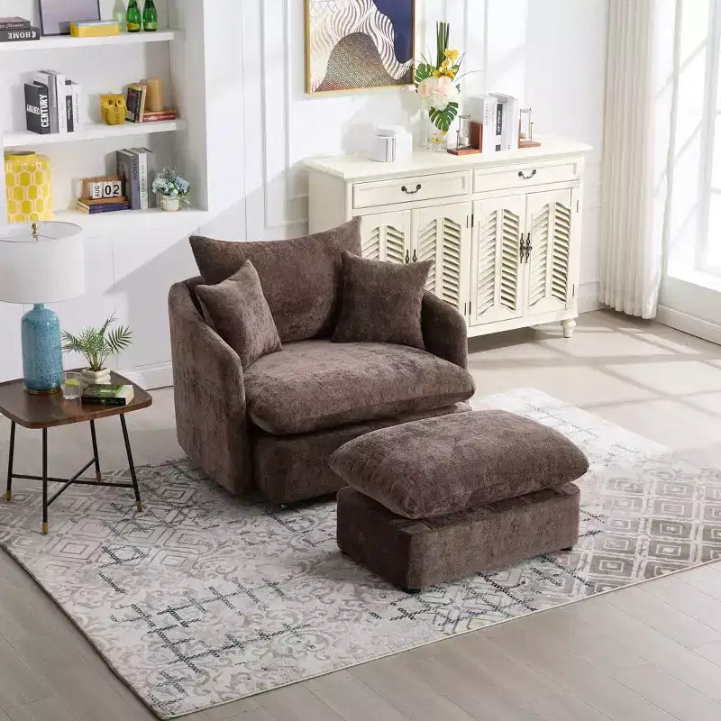 GDFStudio Sidney Modern 46 Chenille Upholstered Swivel Accent Chair with Ottoman and 3 Drawers