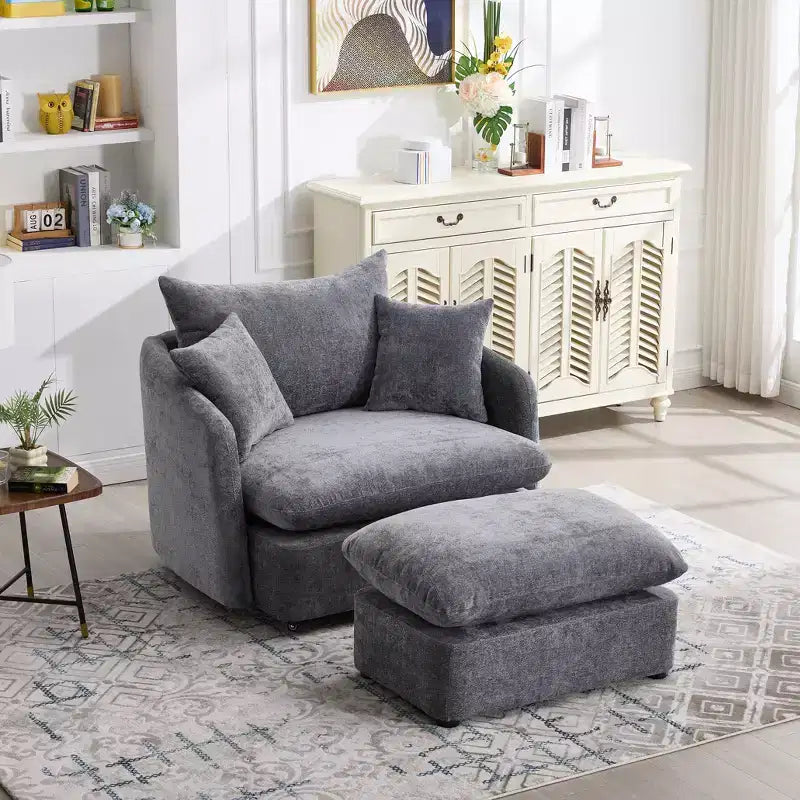 GDFStudio Sidney Modern 46 Chenille Upholstered Swivel Accent Chair with Ottoman and 3 Drawers