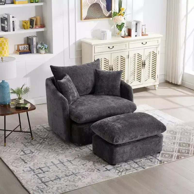 GDFStudio Sidney Modern 46 Chenille Upholstered Swivel Accent Chair with Ottoman and 3 Drawers