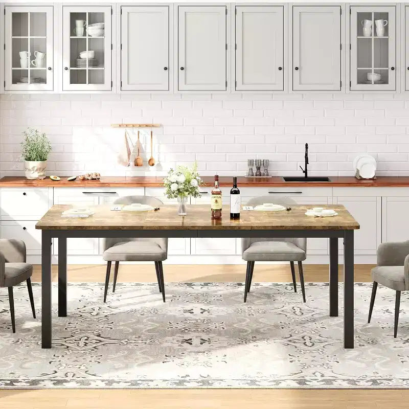 Industrial Dining Table for 6-8 People, Wooden Rectangle Dinner Kitchen Table, Office Conference Desk for Dining Room, Living Room