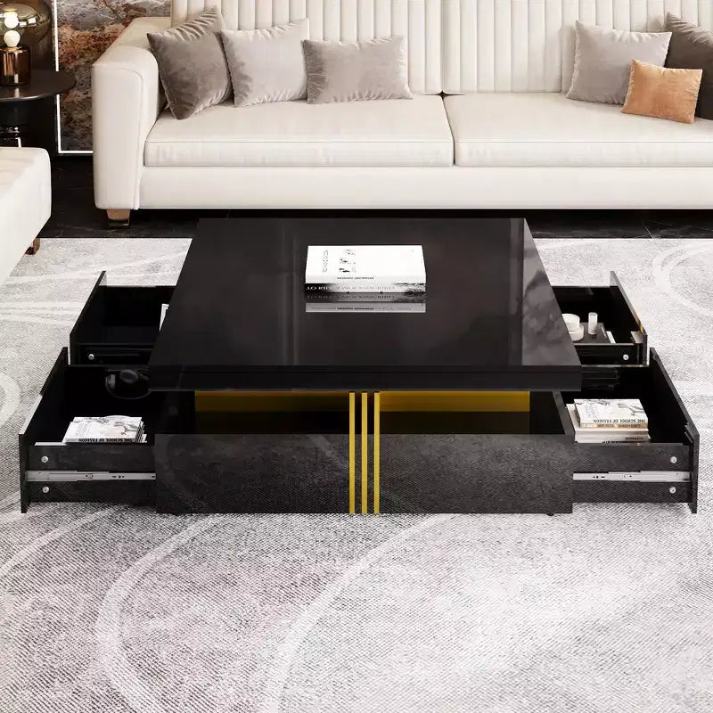 Whisen Modern Square Storage Coffee Table with 4 Drawers, Luxurious Accents, Spacious Tabletop & Ample Storage