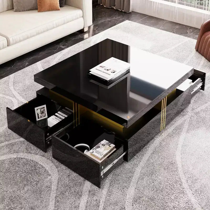 Whisen Modern Square Storage Coffee Table with 4 Drawers, Luxurious Accents, Spacious Tabletop & Ample Storage