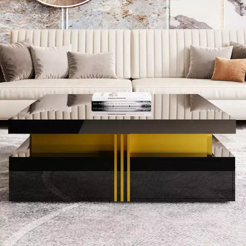 Whisen Modern Square Storage Coffee Table with 4 Drawers, Luxurious Accents, Spacious Tabletop & Ample Storage