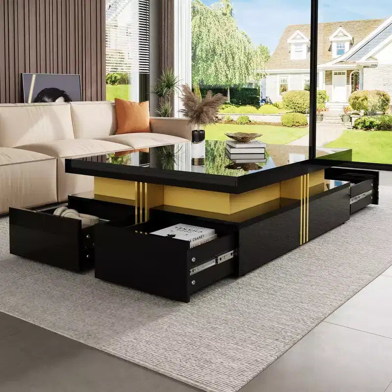 Whisen Modern Square Storage Coffee Table with 4 Drawers, Luxurious Accents, Spacious Tabletop & Ample Storage