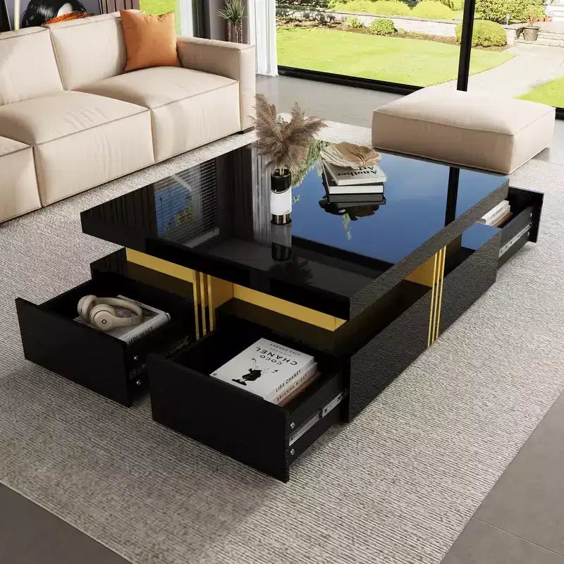 Whisen Modern Square Storage Coffee Table with 4 Drawers, Luxurious Accents, Spacious Tabletop & Ample Storage