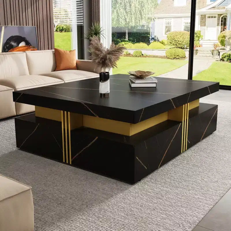 Whisen Modern Square Storage Coffee Table with 4 Drawers, Luxurious Accents, Spacious Tabletop & Ample Storage