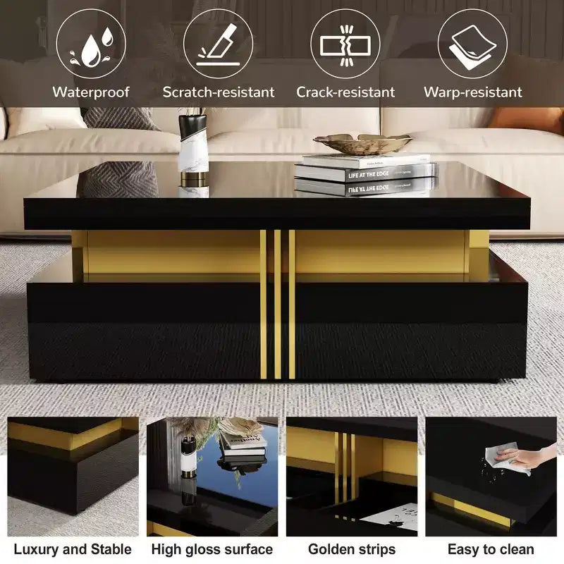 Whisen Modern Square Storage Coffee Table with 4 Drawers, Luxurious Accents, Spacious Tabletop & Ample Storage