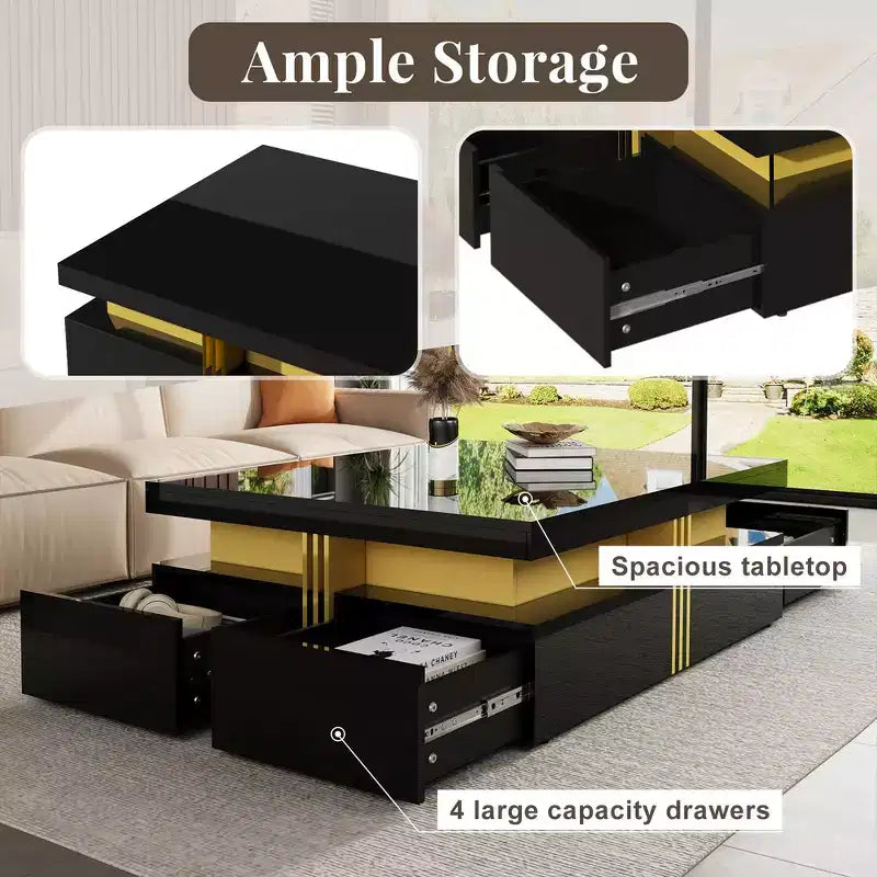 Whisen Modern Square Storage Coffee Table with 4 Drawers, Luxurious Accents, Spacious Tabletop & Ample Storage