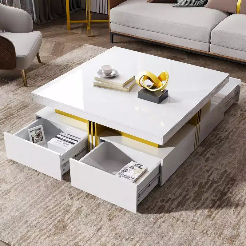 Whisen Modern Square Storage Coffee Table with 4 Drawers, Luxurious Accents, Spacious Tabletop & Ample Storage