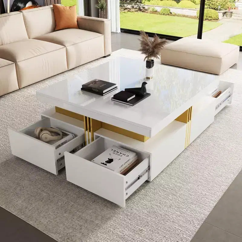Whisen Modern Square Storage Coffee Table with 4 Drawers, Luxurious Accents, Spacious Tabletop & Ample Storage