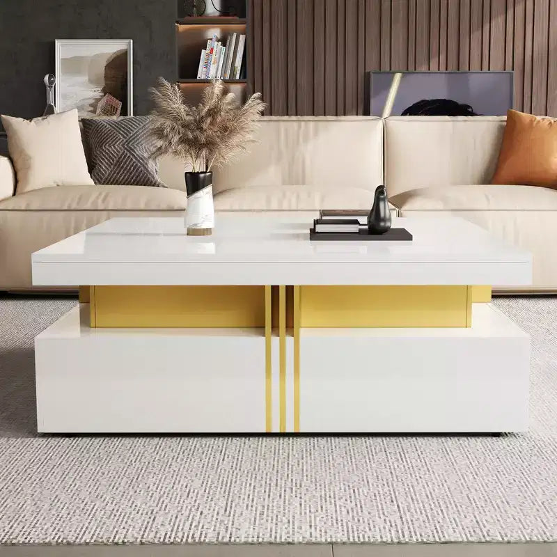 Whisen Modern Square Storage Coffee Table with 4 Drawers, Luxurious Accents, Spacious Tabletop & Ample Storage