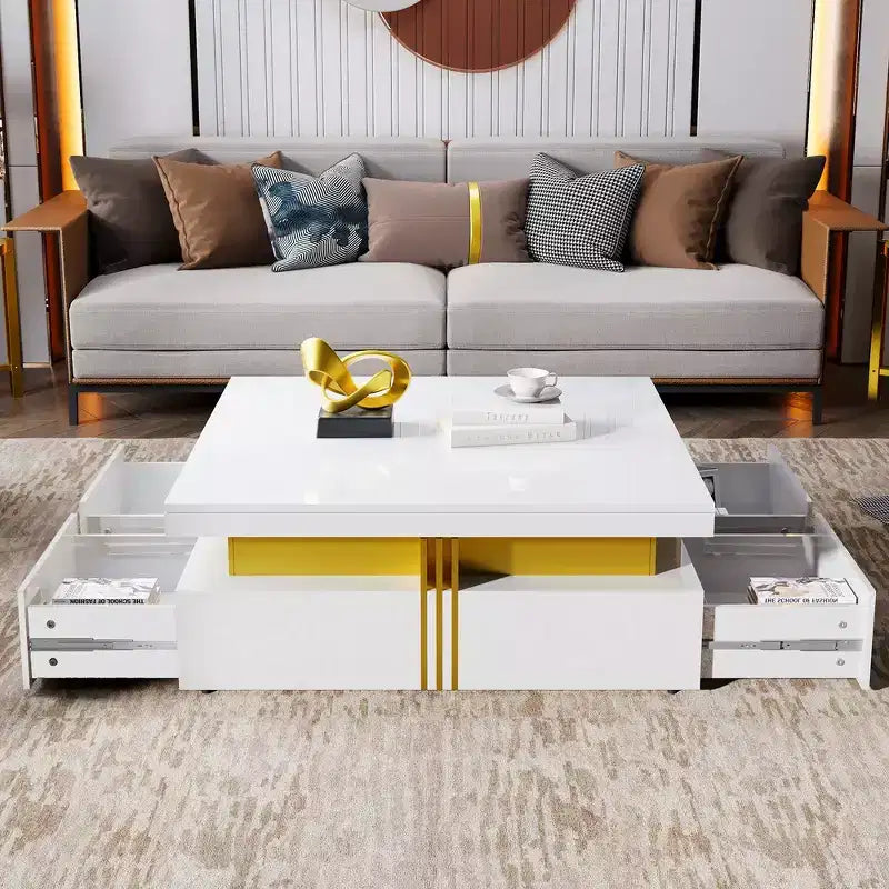 Whisen Modern Square Storage Coffee Table with 4 Drawers, Luxurious Accents, Spacious Tabletop & Ample Storage