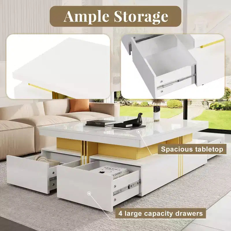 Whisen Modern Square Storage Coffee Table with 4 Drawers, Luxurious Accents, Spacious Tabletop & Ample Storage