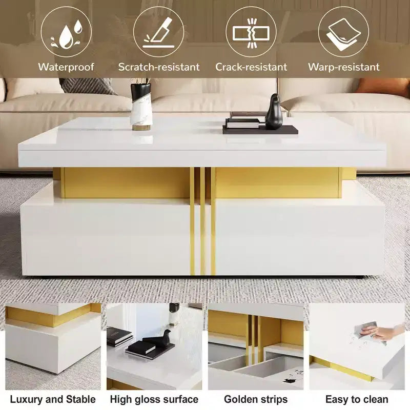 Whisen Modern Square Storage Coffee Table with 4 Drawers, Luxurious Accents, Spacious Tabletop & Ample Storage