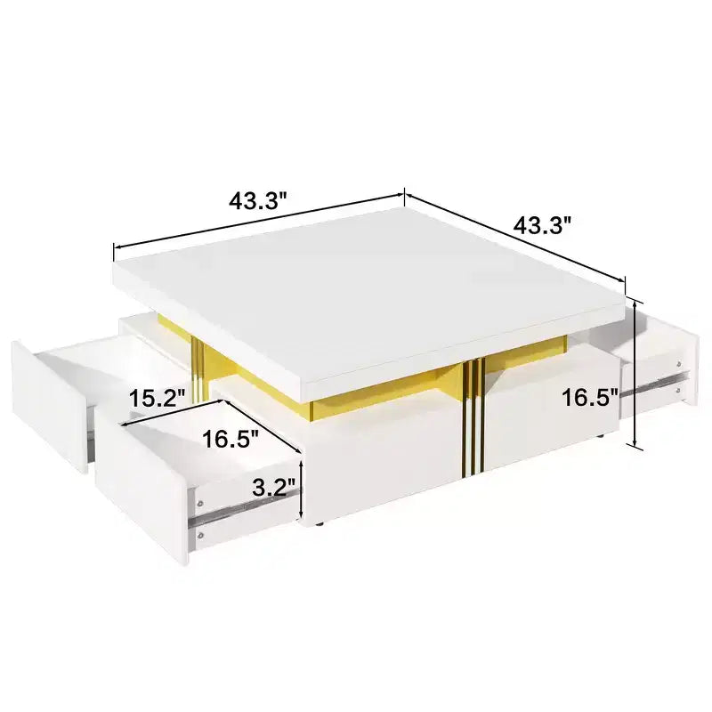 Whisen Modern Square Storage Coffee Table with 4 Drawers, Luxurious Accents, Spacious Tabletop & Ample Storage