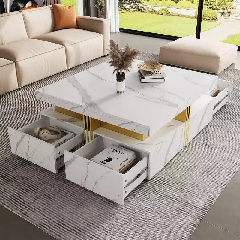Whisen Modern Square Storage Coffee Table with 4 Drawers, Luxurious Accents, Spacious Tabletop & Ample Storage