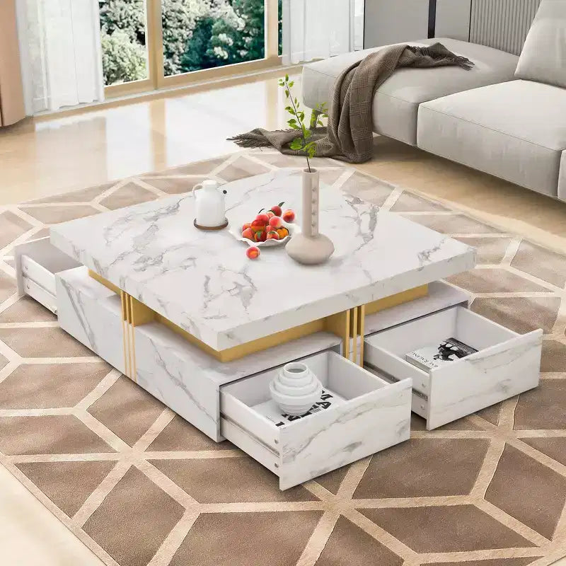 Whisen Modern Square Storage Coffee Table with 4 Drawers, Luxurious Accents, Spacious Tabletop & Ample Storage