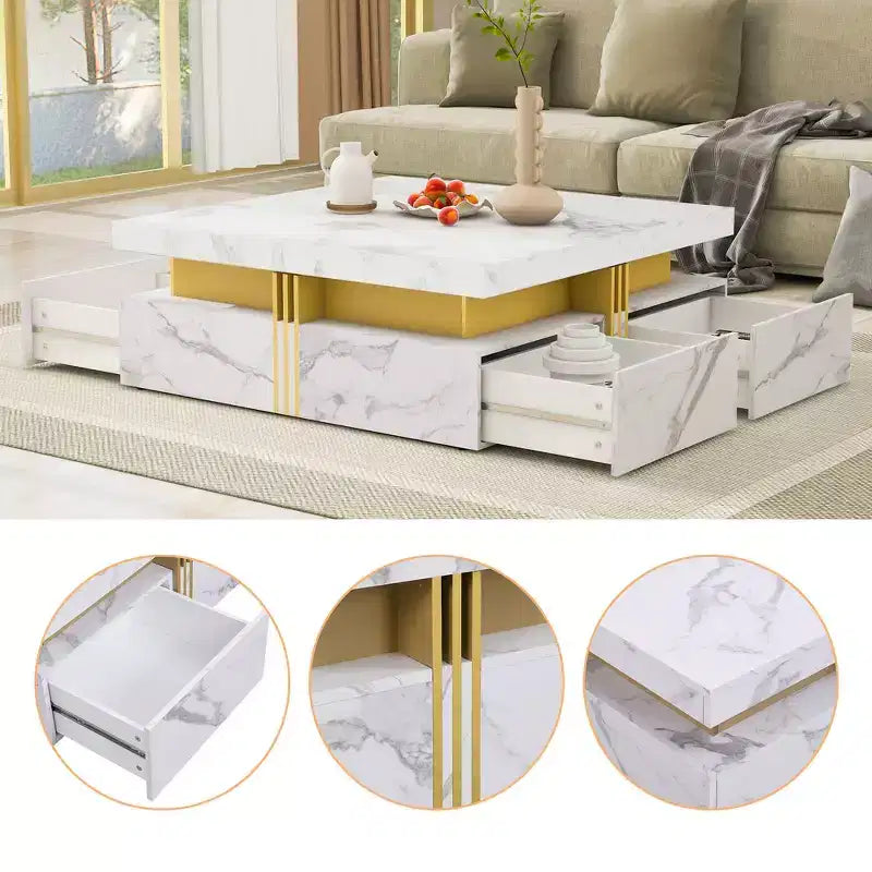 Whisen Modern Square Storage Coffee Table with 4 Drawers, Luxurious Accents, Spacious Tabletop & Ample Storage