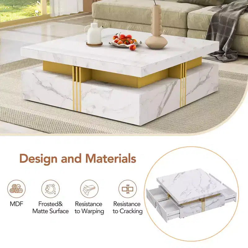 Whisen Modern Square Storage Coffee Table with 4 Drawers, Luxurious Accents, Spacious Tabletop & Ample Storage