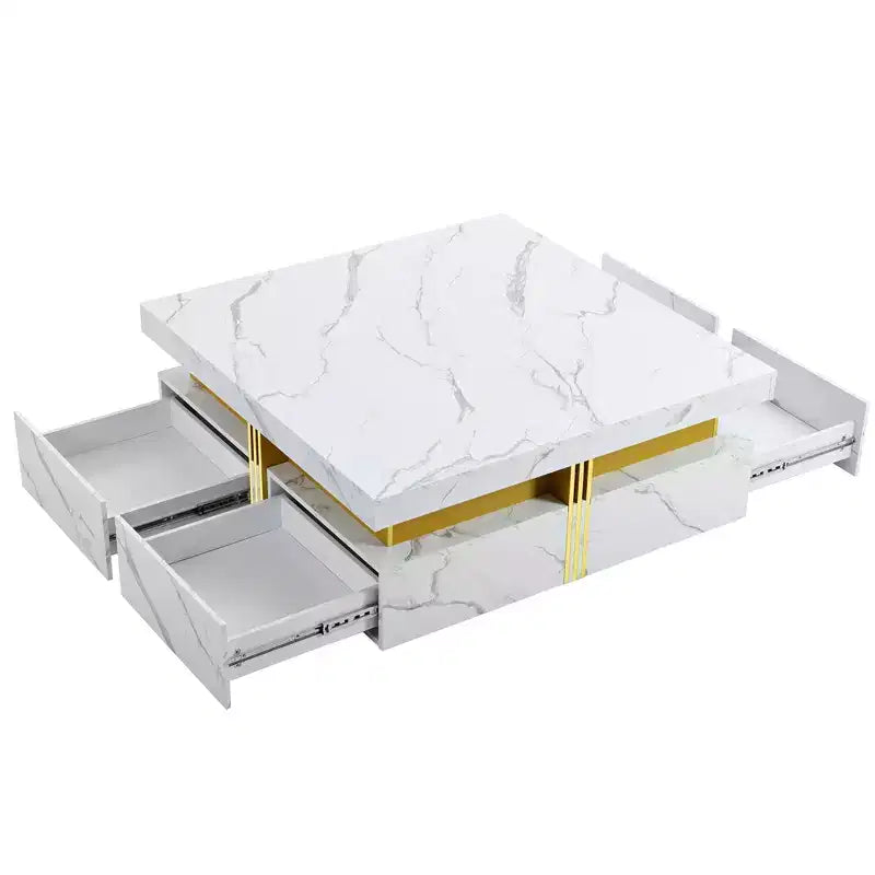 Whisen Modern Square Storage Coffee Table with 4 Drawers, Luxurious Accents, Spacious Tabletop & Ample Storage