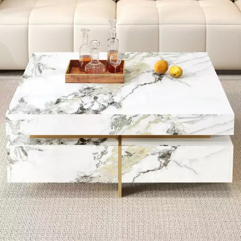 Whisen Modern Square Storage Coffee Table with 4 Drawers, Luxurious Accents, Spacious Tabletop & Ample Storage