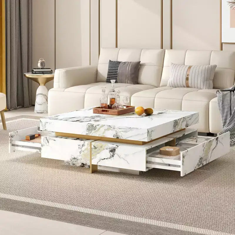 Whisen Modern Square Storage Coffee Table with 4 Drawers, Luxurious Accents, Spacious Tabletop & Ample Storage