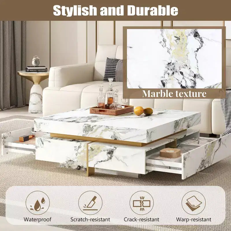 Whisen Modern Square Storage Coffee Table with 4 Drawers, Luxurious Accents, Spacious Tabletop & Ample Storage