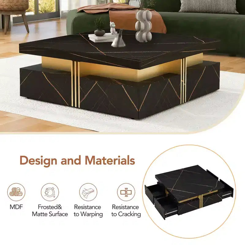 Whisen Modern Square Storage Coffee Table with 4 Drawers, Luxurious Accents, Spacious Tabletop & Ample Storage