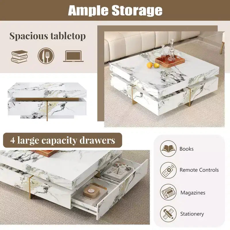Whisen Modern Square Storage Coffee Table with 4 Drawers, Luxurious Accents, Spacious Tabletop & Ample Storage