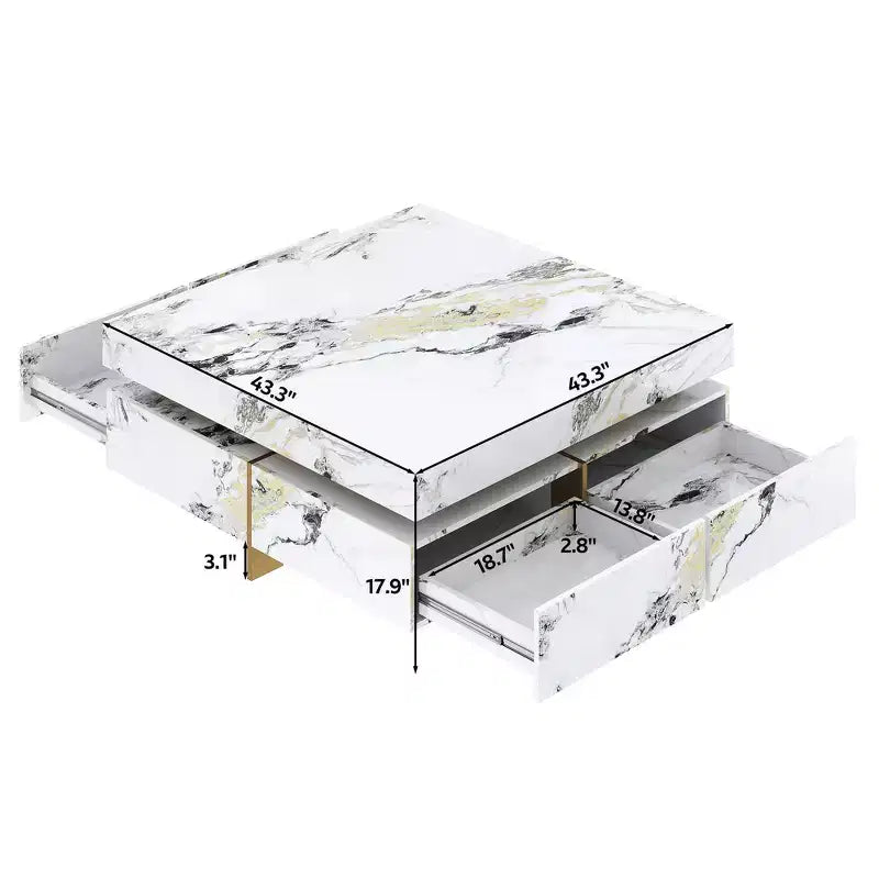 Whisen Modern Square Storage Coffee Table with 4 Drawers, Luxurious Accents, Spacious Tabletop & Ample Storage