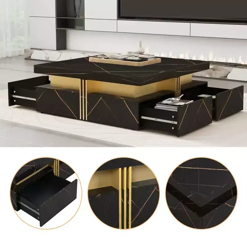 Whisen Modern Square Storage Coffee Table with 4 Drawers, Luxurious Accents, Spacious Tabletop & Ample Storage