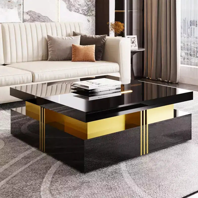 Whisen Modern Square Storage Coffee Table with 4 Drawers, Luxurious Accents, Spacious Tabletop & Ample Storage