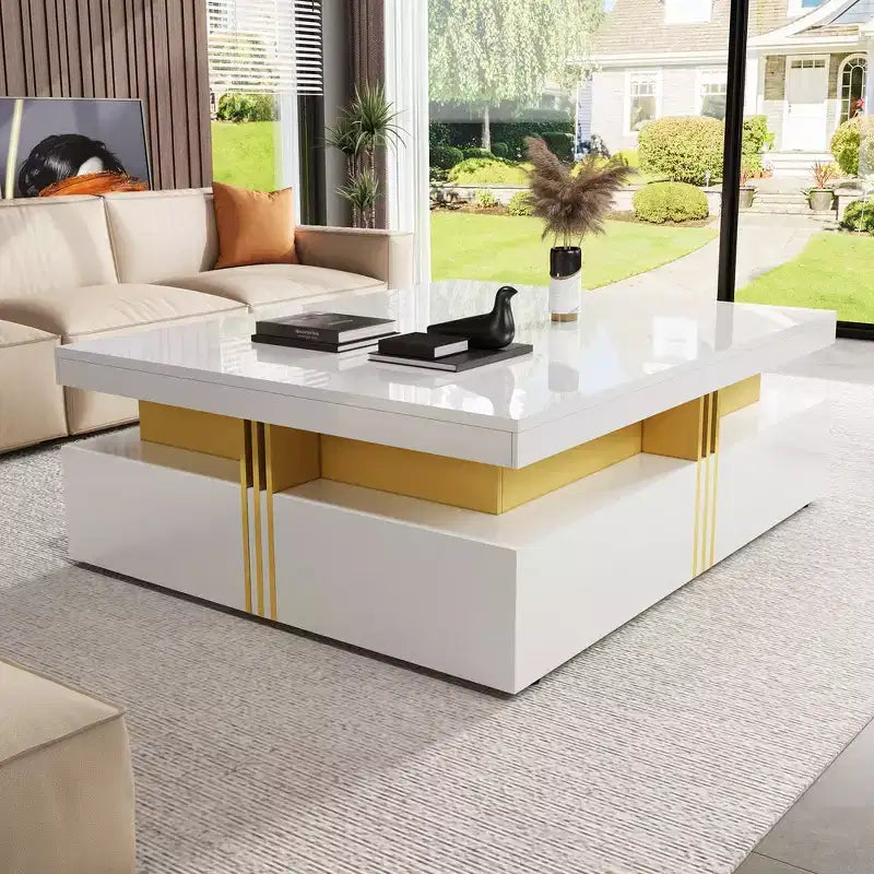 Whisen Modern Square Storage Coffee Table with 4 Drawers, Luxurious Accents, Spacious Tabletop & Ample Storage