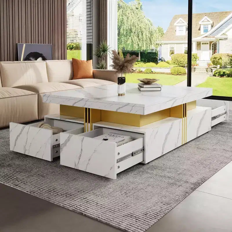 Whisen Modern Square Storage Coffee Table with 4 Drawers, Luxurious Accents, Spacious Tabletop & Ample Storage